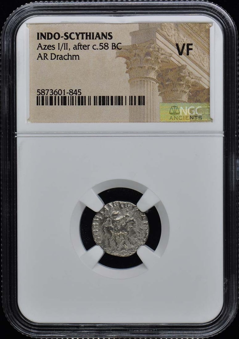 Azes I/II Indo-Scythian AR Drachm Certified NGC VF20: Azes I/II Indo-Scythian AR Drachm Certified NGC VF20 This Indo-Scythian silver drachm from the reign of Azes I/II dates back to approximately 58 BC. It is certified by NGC with a grade of VF20, indica