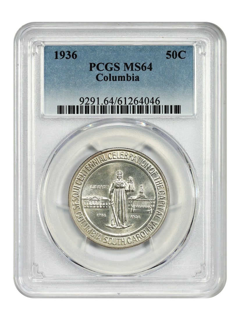1936 50C Columbia PCGS MS64 Classic Silver Commemorative Low Mintage: 1936 50C Columbia PCGS MS64 Classic Silver Commemorative Low Mintage This 1936 50C Columbia coin is a remarkable piece of U.S. history, certified by PCGS with a grade of MS64, indicating its uncircula