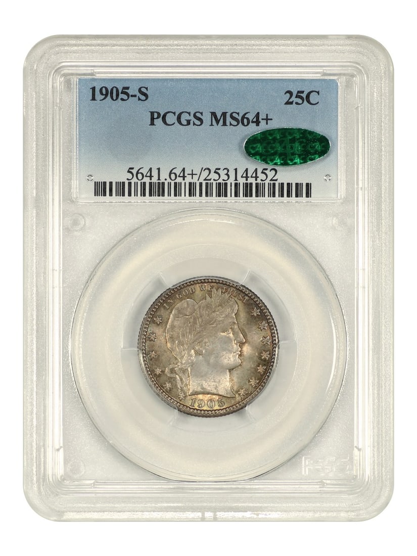 PCGS CAC MS64 Plus 1905-S Barber Quarter Key Date San Francisco Mint: PCGS CAC MS64 Plus 1905-S Barber Quarter Key Date San Francisco Mint This 1905-S Barber Quarter is graded MS64+ by PCGS and approved by CAC, highlighting its exceptional quality. The coin is uncircula