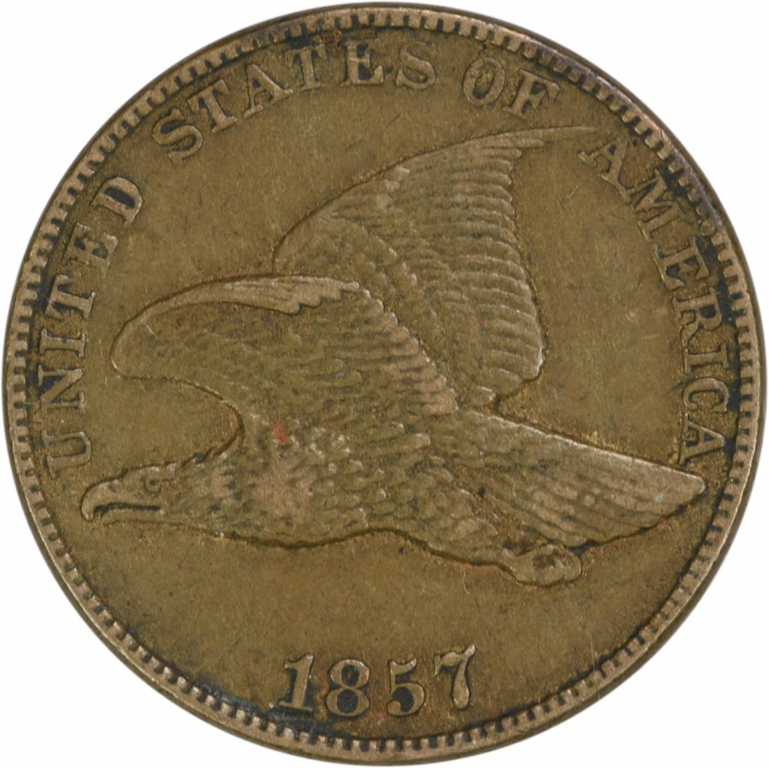 1857 Flying Eagle Cent EF Circulated Uncertified Coin US: 1857 Flying Eagle Cent EF Circulated Uncertified Coin US This 1857 Flying Eagle Cent is a remarkable piece of American numismatic history. Struck in Philadelphia, this small cent is composed of 88% co