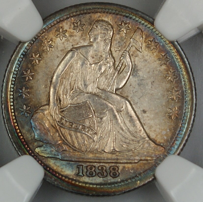 1838 NGC Certified Seated Liberty Dime Large Stars UNC Details Toned: 1838 NGC Certified Seated Liberty Dime Large Stars UNC Details Toned This 1838 Seated Liberty Dime features large stars and is certified by NGC with a grade of UNC Details, indicating it is in uncircu