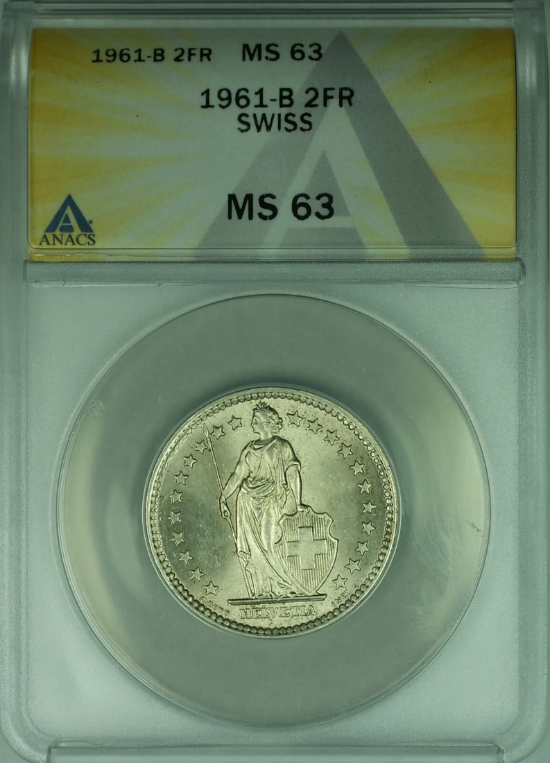 Switzerland 1961 2 Franc Silver Coin ANACS Certified MS 63: Switzerland 1961 2 Franc Silver Coin ANACS Certified MS 63 This 1961-B Switzerland 2 Franc coin is composed of 0.835 fine silver and has been certified by ANACS with a grade of MS-63. The coin is unci