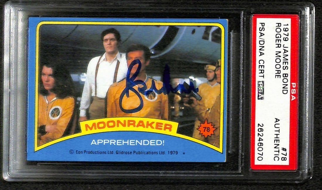 Roger Moore Autographed 1979 Topps James Bond Moonraker Card PSA/DNA (1 of 1)