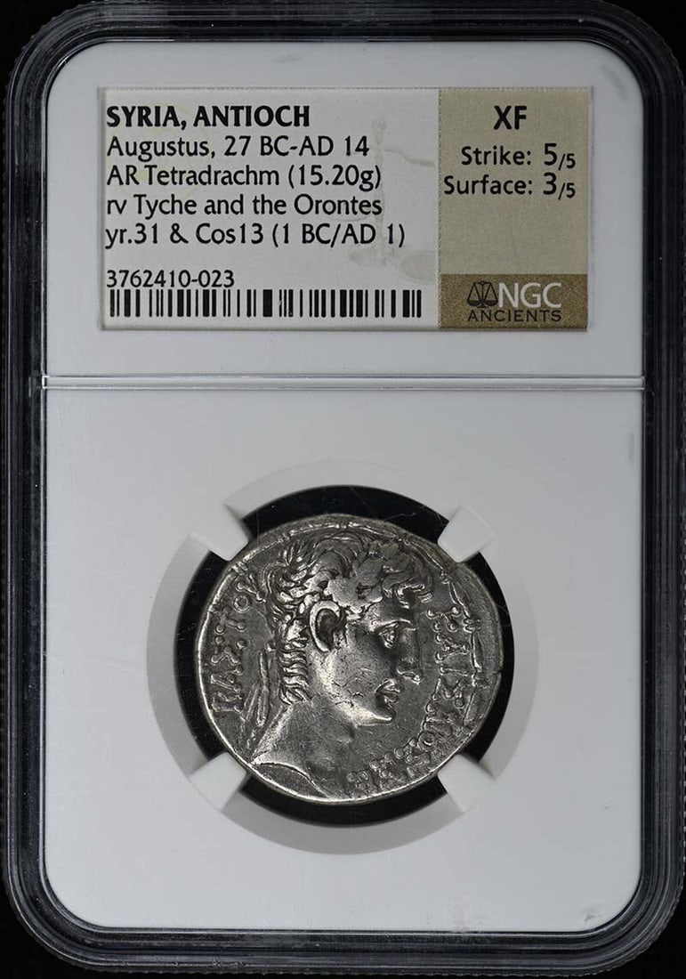 Augustus 1 BC AD Antioch AR Tetradrachm NGC XF40 Certified Coin: Augustus 1 BC AD Antioch AR Tetradrachm NGC XF40 Certified Coin This ancient Roman AR Tetradrachm features Augustus, dating from 1 BC/AD and minted in Antioch, Syria. It is graded as XF40 by NGC, ensu