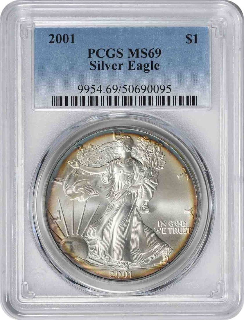 2001 $1 American Silver Eagle MS69 PCGS Toned Turquoise Gold Edge (1 of 2)
