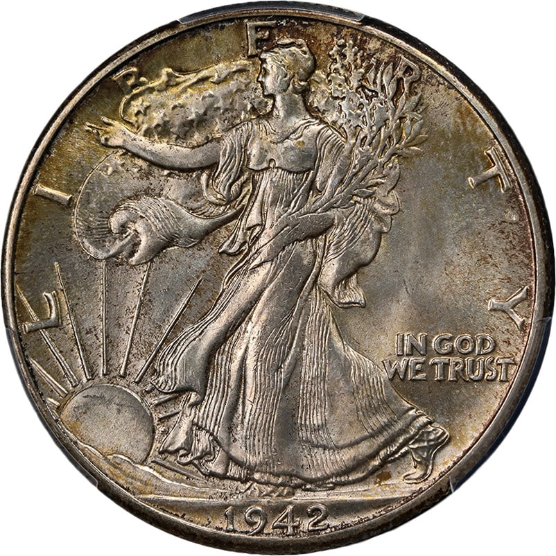 1942-P Walking Liberty Half Dollar PCGS MS65 Silver Uncirculated: 1942-P Walking Liberty Half Dollar PCGS MS65 Silver Uncirculated This stunning 1942-P Walking Liberty Half, graded MS65 by PCGS, showcases exceptional eye appeal with its brilliant luster and strong s