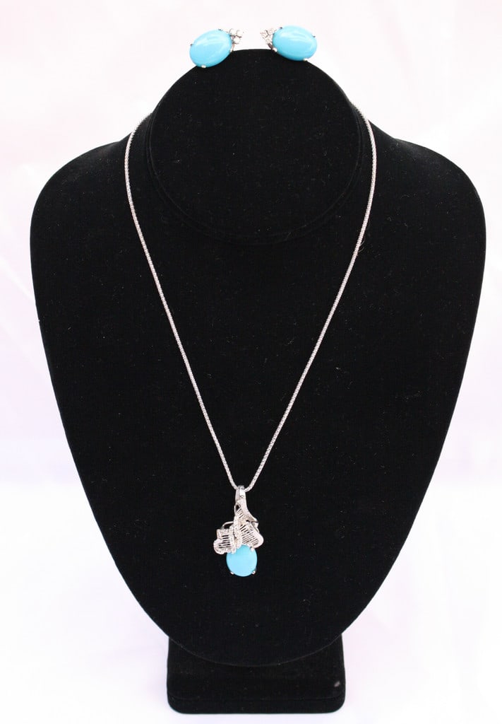 French 14K White Gold Diamond Turquoise Jewelry Set Necklace Earrings (1 of 10)