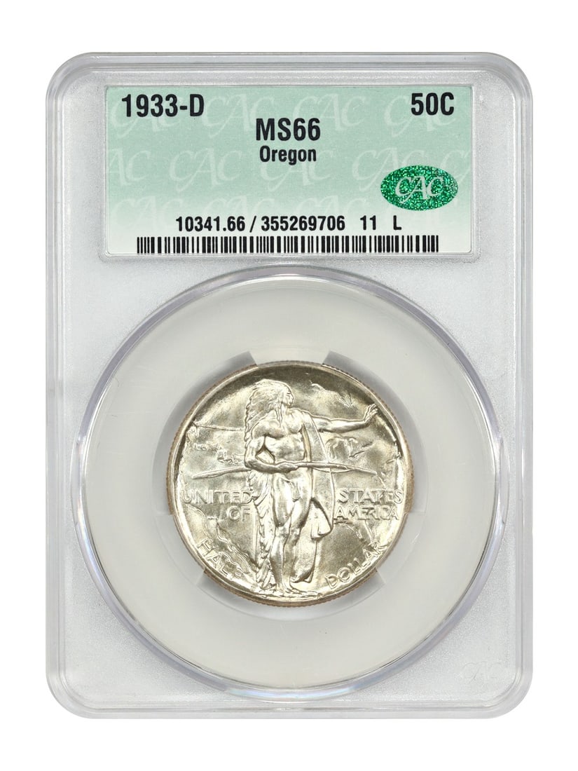 1933 Denver Oregon 50 Cent Silver Commemorative CACG MS66 Low Mintage: 1933 Denver Oregon 50 Cent Silver Commemorative CACG MS66 Low Mintage This 1933-D Oregon 50C Classic Silver Commemorative coin is certified by CACG with a grade of MS66. Struck in Denver, it features