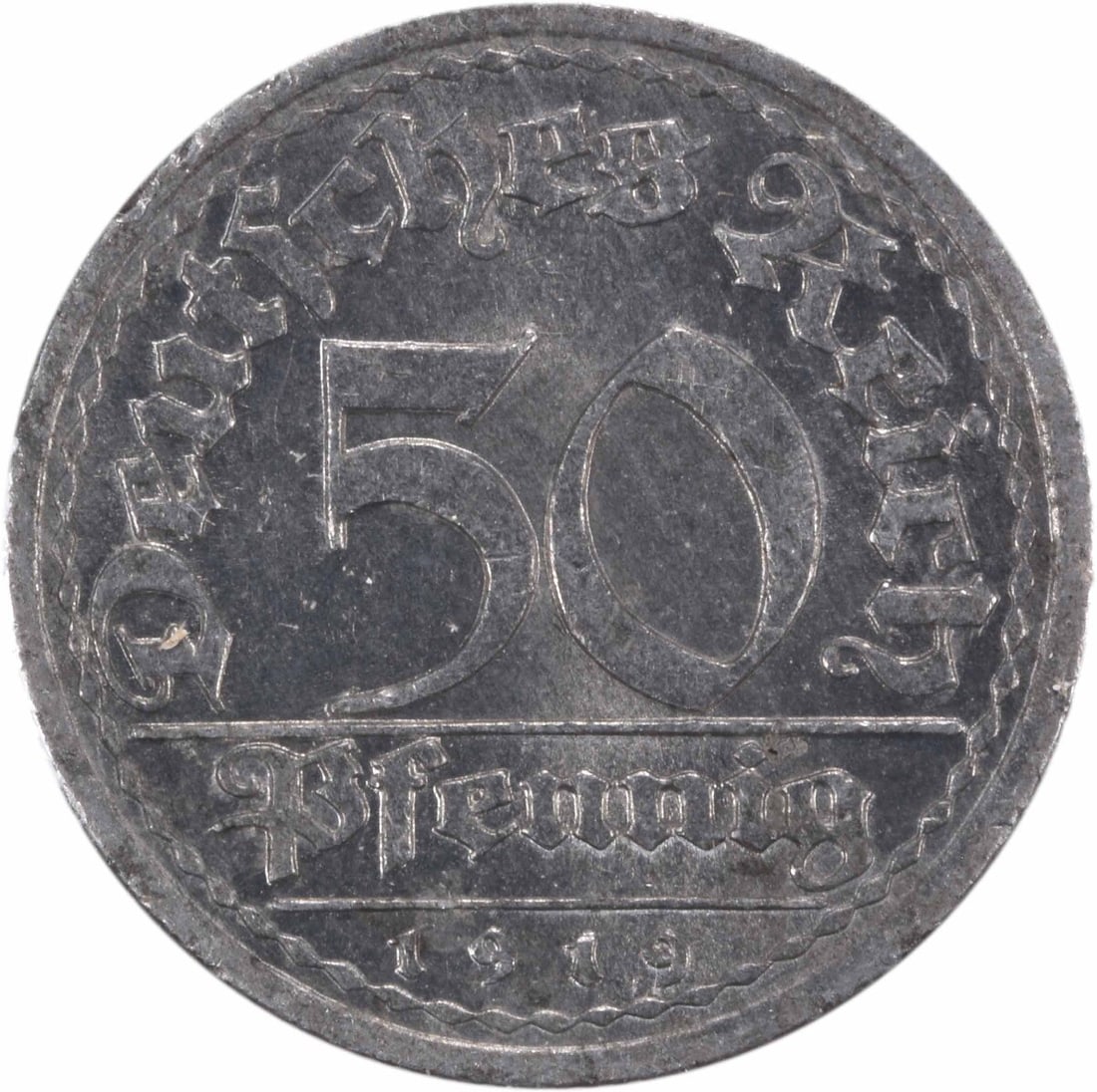 1919 East Germany Weimar 50 Pfennig Coin KM27 Silver AU: 1919 East Germany Weimar 50 Pfennig Coin KM27 Silver AU This 1919 East Germany Weimar 50 Pfennig (KM27) coin showcases a beautiful silver composition and is graded as AU (Almost Uncirculated). It refl