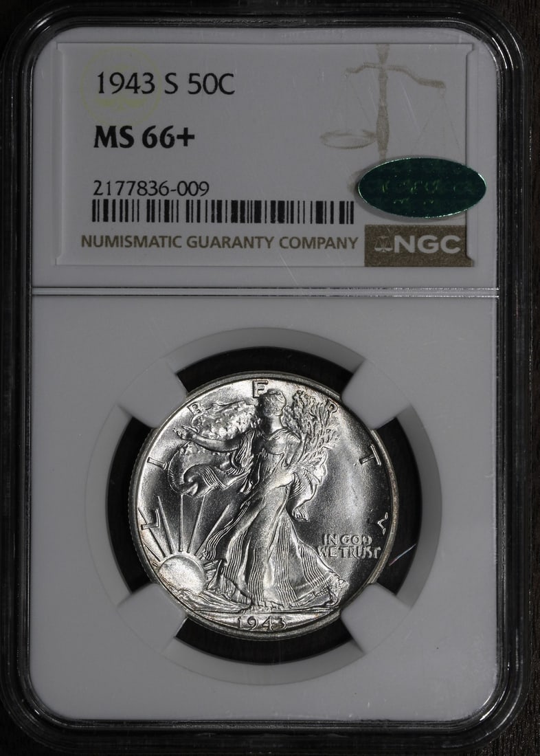1943-S Walking Liberty Half Dollar 50C NGC MS66+ CAC Blast White: 1943-S Walking Liberty Half Dollar 50C NGC MS66+ CAC Blast White This stunning 1943-S Walking Liberty Half Dollar is graded MS66+ by NGC, ensuring its exceptional quality. Struck in silver with a fine