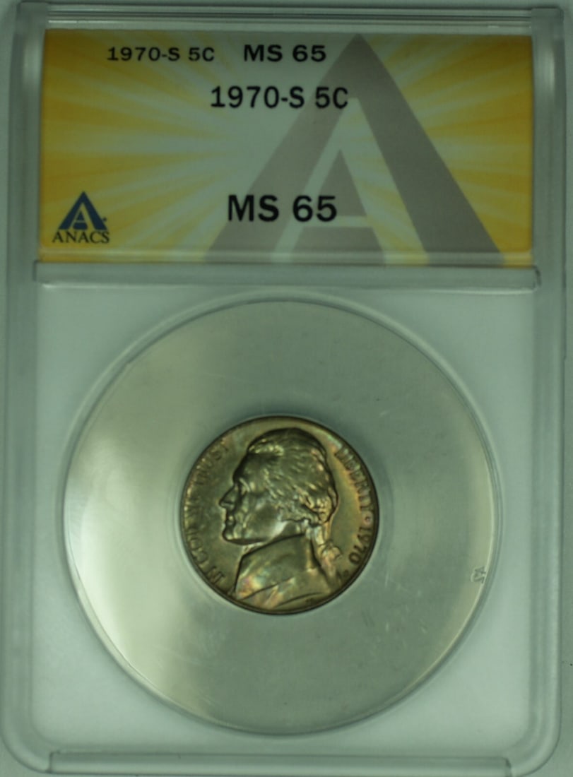 1970-S Jefferson Nickel 5C ANACS MS 65 Uncirculated Coin: 1970-S Jefferson Nickel 5C ANACS MS 65 Uncirculated Coin This 1970-S Jefferson Nickel is a remarkable piece of numismatic history, certified by ANACS with a grade of MS 65. The coin features the iconi