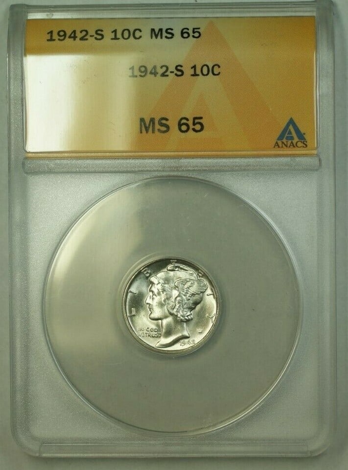 1942-S Mercury Dime 10C Silver ANACS MS-65 FSB Uncirculated: 1942-S Mercury Dime 10C Silver ANACS MS-65 FSB Uncirculated This 1942-S Silver Mercury Dime is a stunning example of American coinage, certified by ANACS with a grade of MS-65. Struck at the San Franc