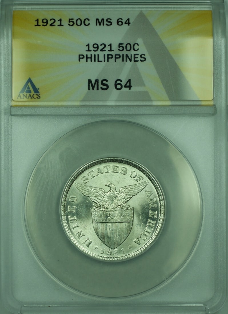 1921 Philippines 50 Centavos ANACS MS-64 Silver Coin KM#171 (1 of 2)