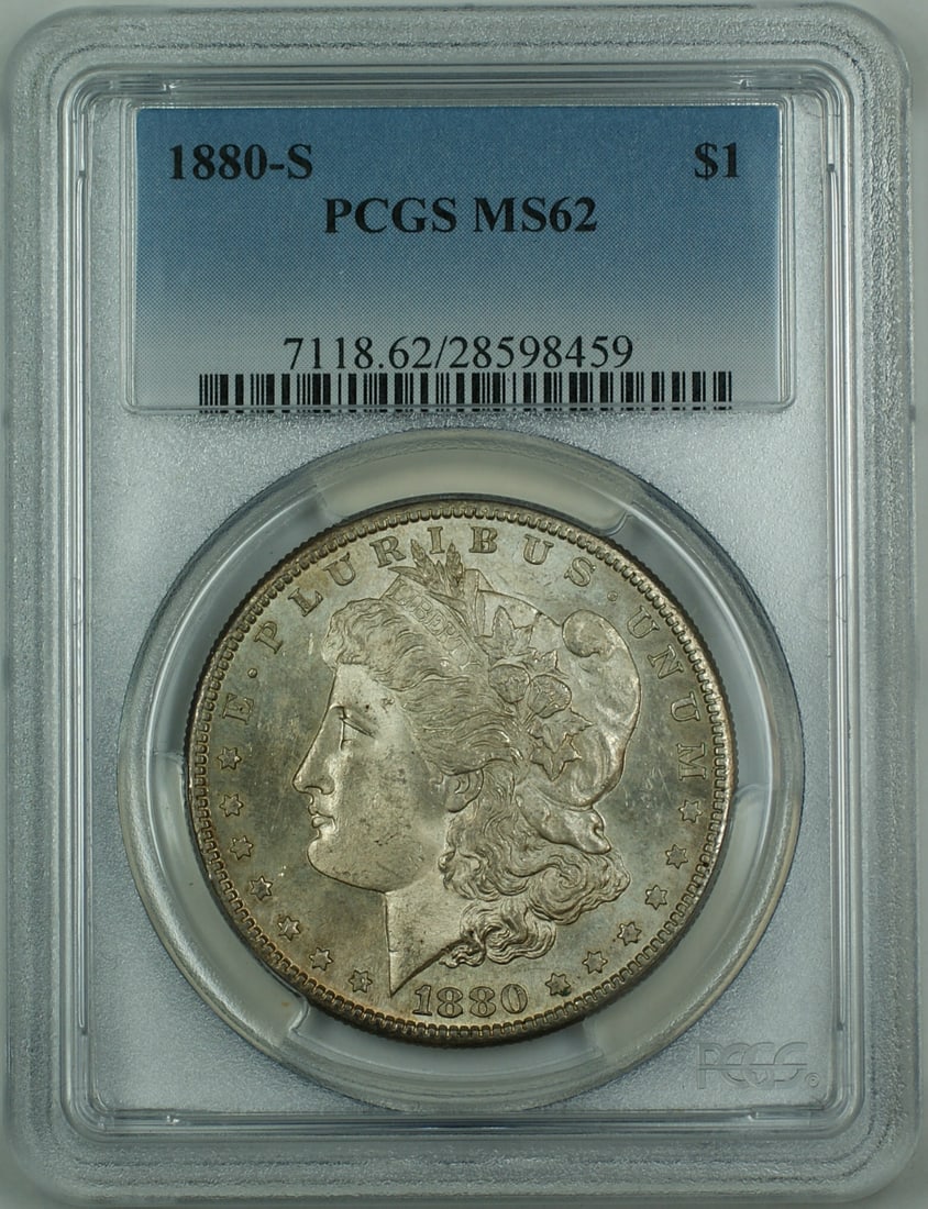 1880-S Morgan Silver Dollar $1 PCGS MS-62 Toned San Francisco: 1880-S Morgan Silver Dollar $1 PCGS MS-62 Toned San Francisco This 1880-S Morgan Silver Dollar is an exquisite piece of U.S. history, certified by PCGS and graded MS-62. Struck in San Francisco, this