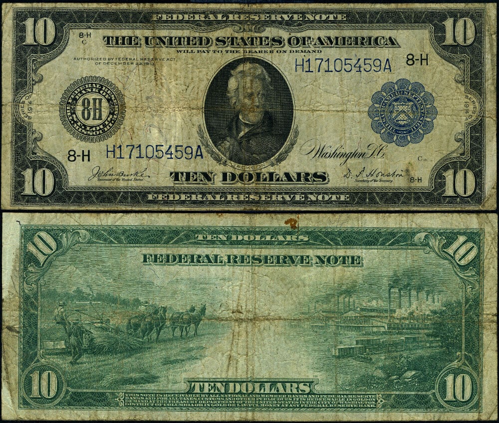 1914 $10 Federal Reserve Note St. Louis Circulated Fine+ (1 of 3)