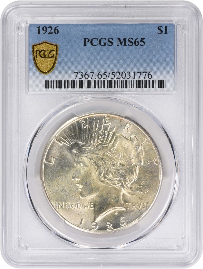 PCGS MS65 1926 Peace Dollar 90 Percent Silver Uncirculated Coin: PCGS MS65 1926 Peace Dollar 90 Percent Silver Uncirculated Coin This 1926 Peace Silver Dollar is certified MS65 by PCGS, indicating an uncirculated coin in premium condition. Struck at the Philadelphi