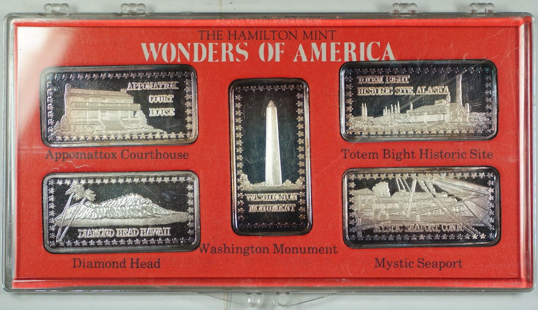 Hamilton Mint Wonders of America .999 Fine 1oz Silver Ingot Collection: Hamilton Mint Wonders of America .999 Fine 1oz Silver Ingot Collection Discover the Wonders of America with this stunning Hamilton Mint .999 Fine 1oz Group V Silver Ingot Collection. This collection f