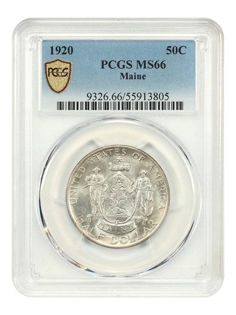 1920 Maine Half Dollar PCGS MS66 Classic Silver Commemorative Coin: 1920 Maine Half Dollar PCGS MS66 Classic Silver Commemorative Coin This 1920 50C Maine Classic Silver Commemorative coin was issued to celebrate the 100th anniversary of the state of Maine. Graded MS6
