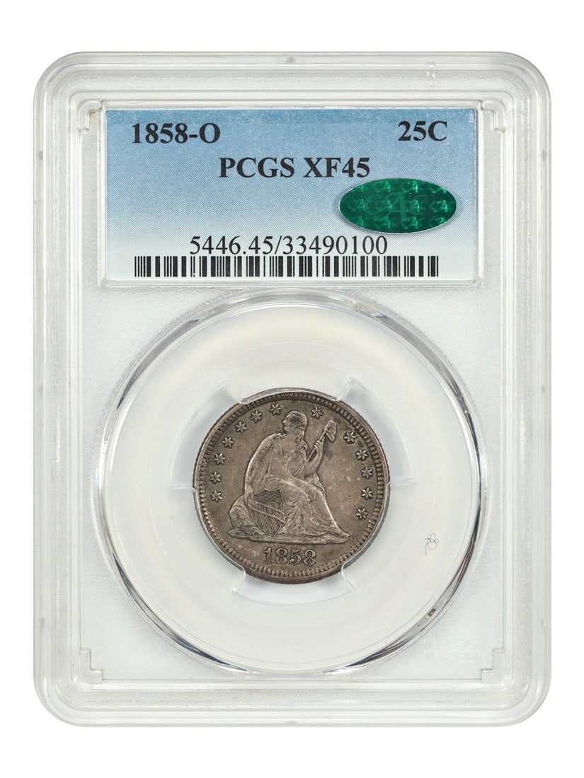 PCGS CAC XF45 1858-O New Orleans Liberty Seated 25C Quarter: PCGS CAC XF45 1858-O New Orleans Liberty Seated 25C Quarter This 1858-O Liberty Seated Quarter has been certified by PCGS with a grade of XF45 and verified by CAC. Minted in New Orleans, this circulat