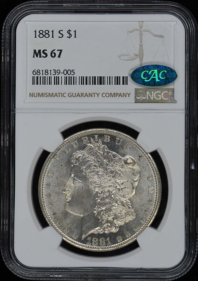 1881-S Morgan Dollar NGC MS67 CAC Uncirculated San Francisco: 1881-S Morgan Dollar NGC MS67 CAC Uncirculated San Francisco This 1881-S Morgan Dollar is a stunning example, certified by NGC with a high grade of MS67, indicating its exceptional uncirculated condit