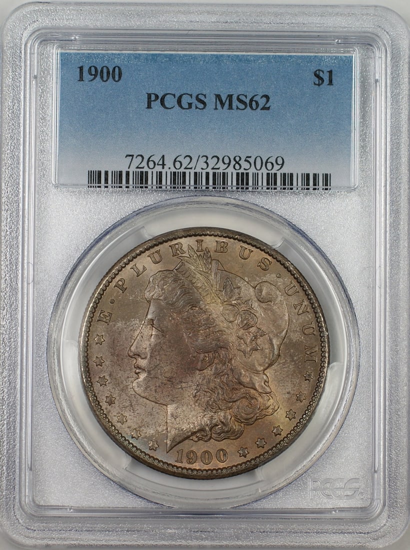 1900 Morgan Silver Dollar PCGS MS62 Toned Uncirculated Coin: 1900 Morgan Silver Dollar PCGS MS62 Toned Uncirculated Coin This 1900 Morgan Silver Dollar $1 Coin is graded MS-62 by PCGS, indicating it is in uncirculated condition. Struck in Philadelphia, this coi