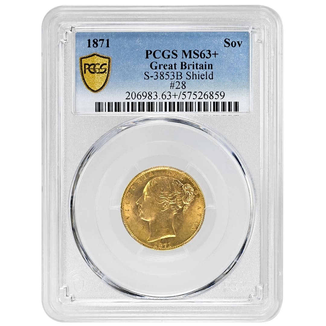 1871 Gold Sovereign Victoria Coin PCGS MS63+ Certified Rare: 1871 Gold Sovereign Victoria Coin PCGS MS63+ Certified Rare This exquisite 1871 Sovereign coin features the iconic portrait of Queen Victoria, graded PCGS MS63+. As an uncirculated piece, it showcases