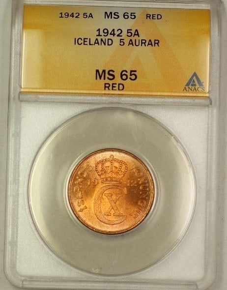 1942 Iceland 5A Copper Coin ANACS MS65 Red GEM Uncirculated: 1942 Iceland 5A Copper Coin ANACS MS65 Red GEM Uncirculated This 1942 Iceland 5A Five Aurar Copper Coin is a remarkable piece for collectors, certified by ANACS with a grade of MS-65, indicating its h