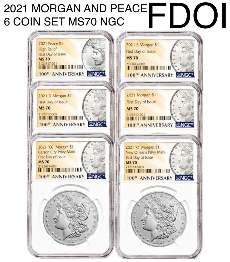 2021 Morgan Peace Dollar 6 Coin Set MS70 NGC First Day of Issue: 2021 Morgan Peace Dollar 6 Coin Set MS70 NGC First Day of Issue This exquisite 6 Coin Set features the 2021 Morgan and Peace Dollars, each expertly graded MS70 by NGC, ensuring the highest quality for