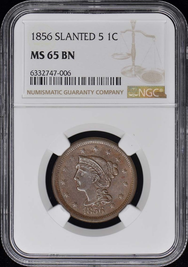 1856 Slanted 5 Coronet Braided Hair Cent NGC MS65BN Uncirculated (1 of 2)