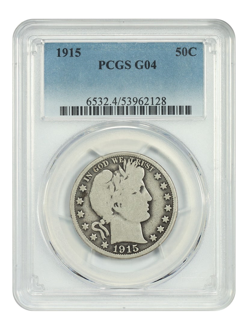 Barber Half Dollar 1915 Philadelphia PCGS Good 04 Key Low Mintage 50C Coin: Barber Half Dollar 1915 Philadelphia PCGS Good 04 Key Low Mintage 50C Coin This 1915 Barber Half Dollar is graded Good 04 by PCGS and is a key date with low mintage. Struck in Philadelphia, it is the