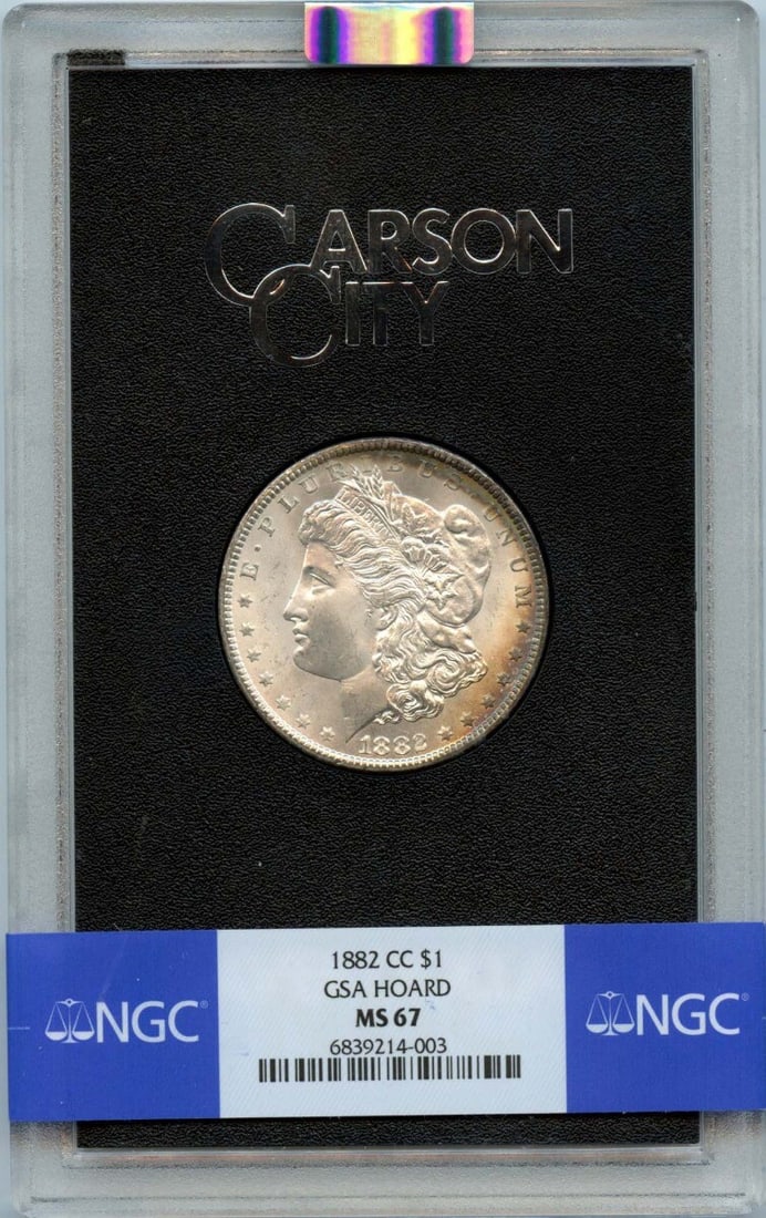 1882-CC Morgan Dollar GSA HOARD NGC MS67 Uncirculated Coin: 1882-CC Morgan Dollar GSA HOARD NGC MS67 Uncirculated Coin This stunning 1882-CC Morgan Dollar is a part of the GSA Hoard and comes certified by NGC with a grade of MS67, indicating its uncirculated c