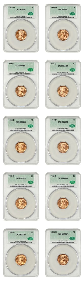 1958-D Lincoln Cent Wheat Reverse Lot of 10 Coins CACG MS65RD (1 of 2)