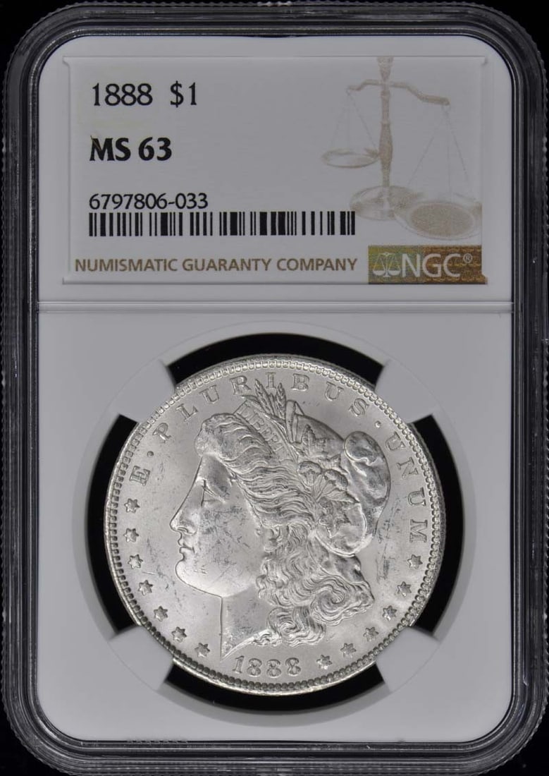 1888 Morgan Dollar NGC MS63 Uncirculated Philadelphia Mint Coin: 1888 Morgan Dollar NGC MS63 Uncirculated Philadelphia Mint Coin This 1888 Morgan Dollar is a stunning piece graded MS63 by NGC, showcasing its uncirculated condition. Minted in Philadelphia, this coin