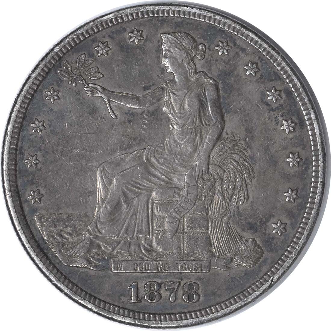 1878-S Trade Silver Dollar by William Barber 90% Silver Uncertified: 1878-S Trade Silver Dollar by William Barber 90% Silver Uncertified This 1878-S Trade Silver Dollar is a remarkable piece from the San Francisco mint, showcasing a rich history and craftsmanship. It f