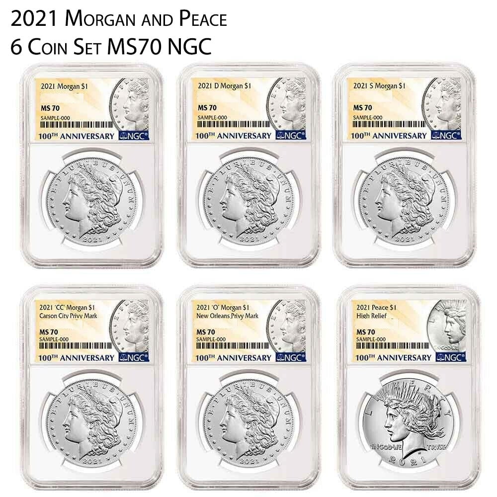 2021 NGC MS70 Morgan & Peace Silver Dollars 6 Coin Set P D S O CC: 2021 NGC MS70 Morgan & Peace Silver Dollars 6 Coin Set P D S O CC This exquisite 2021 Morgan & Peace Silver Dollars 6 Coin Set features coins from the renowned U.S. Mint. Each coin is composed of high