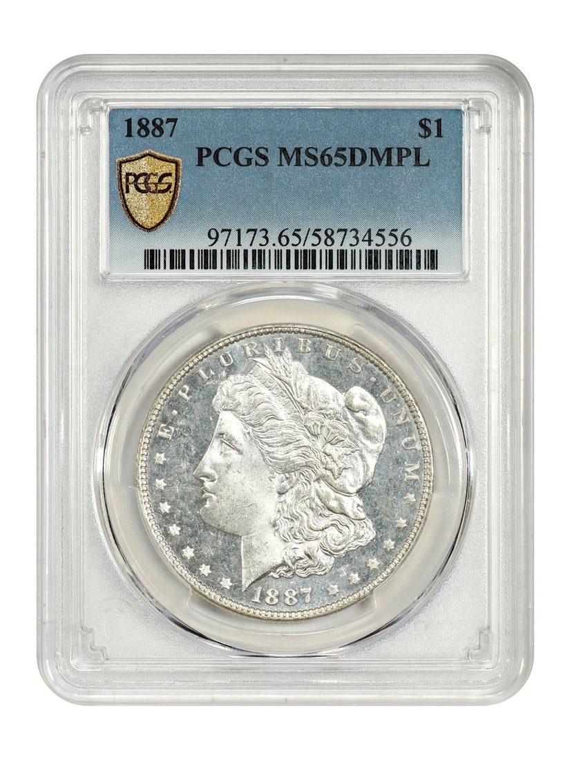 PCGS MS65 DMPL 1887 Morgan Silver Dollar Philadelphia Uncirculated: PCGS MS65 DMPL 1887 Morgan Silver Dollar Philadelphia Uncirculated This 1887 Morgan Dollar is graded MS65DMPL by PCGS, indicating a deep mirror proof-like finish and uncirculated condition. Minted in