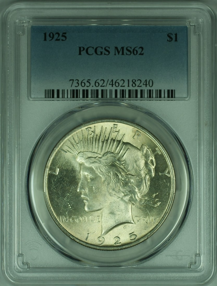 1925 Peace Silver Dollar $1 PCGS MS62 Uncirculated Coin: 1925 Peace Silver Dollar $1 PCGS MS62 Uncirculated Coin This 1925 Peace Silver Dollar, graded MS-62 by PCGS, is a remarkable piece of American numismatic history. Its uncirculated condition showcases