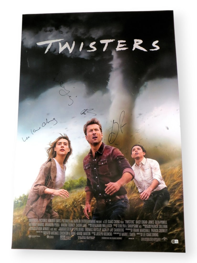 Twisters Multi Signed 27x40 Poster Beckett Authenticated Edgar-Jones Powell Ramos Chung: Twisters Multi Signed 27x40 Poster Beckett Authenticated Edgar-Jones Powell Ramos Chung This original Twisters multi-signed poster features the autographs of Daisy Edgar-Jones, Glen Powell, Anthony Ra