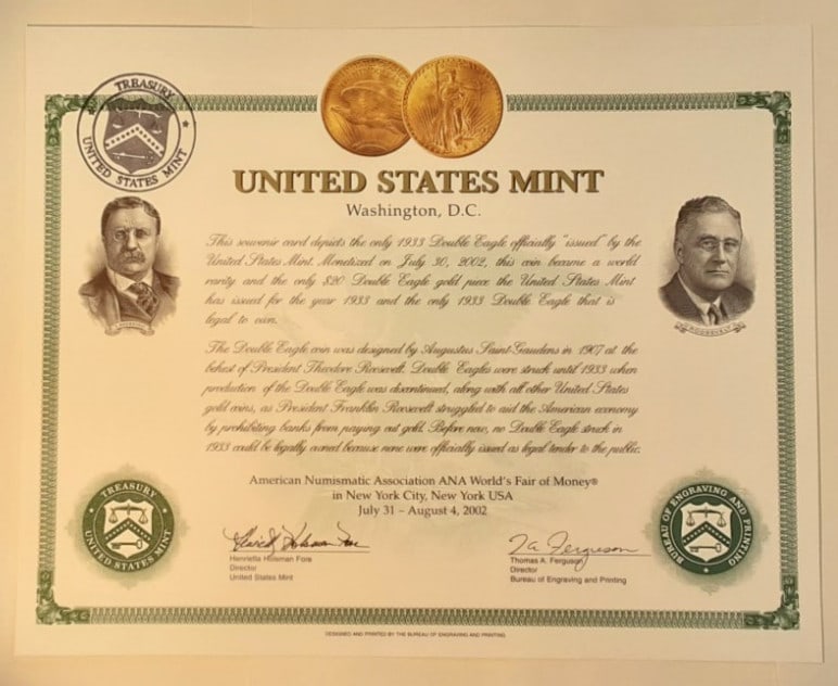 2002 US Mint Souvenir Card 1933 $20 Gold Coin NY ANA (1 of 1)