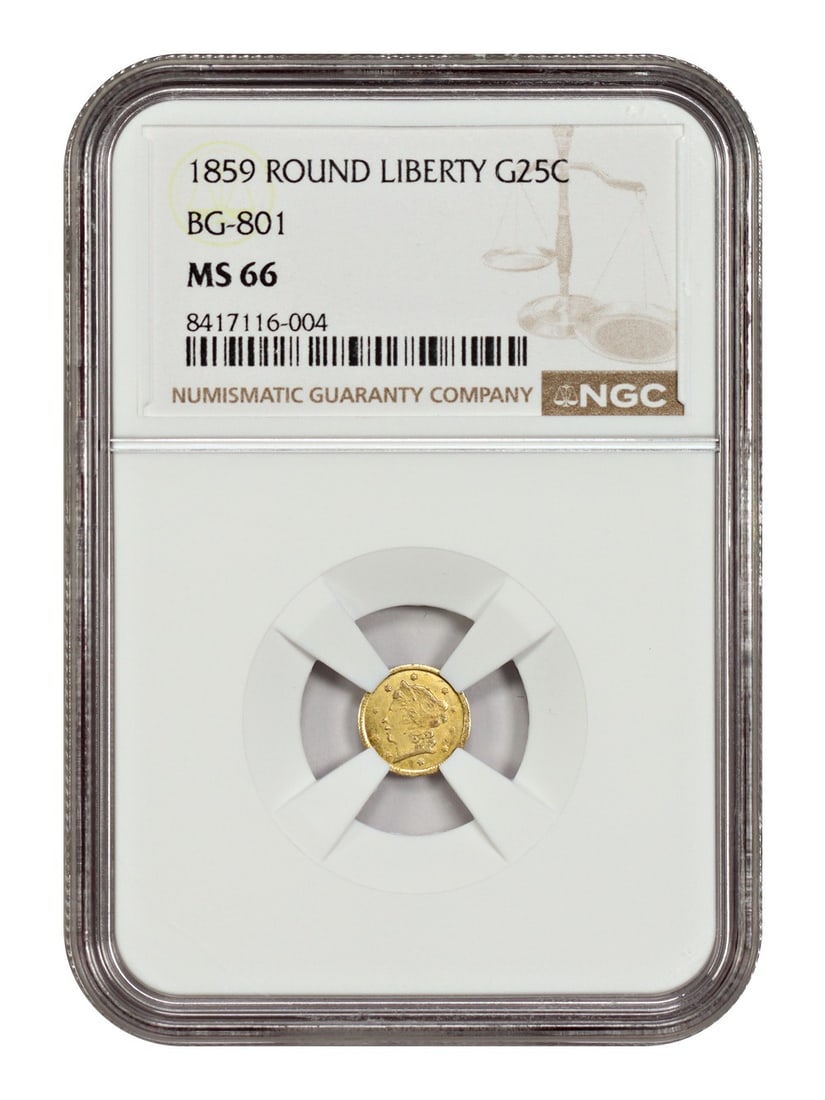 1859 25C California Fractional Gold NGC MS66 BG-801 Territorial Coin: 1859 25C California Fractional Gold NGC MS66 BG-801 Territorial Coin This 1859 California Fractional Gold 25 cent coin is a historic territorial issue, graded MS66 by NGC. Uncirculated and well-preser
