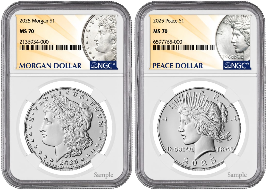 2025-P Morgan Peace Silver Dollar 2 Coin Set NGC MS70: 2025-P Morgan Peace Silver Dollar 2 Coin Set NGC MS70 This stunning 2025-P Morgan & Peace Silver Dollar 2 Coin Set is a must-have for collectors and enthusiasts alike. Each coin is meticulously crafte