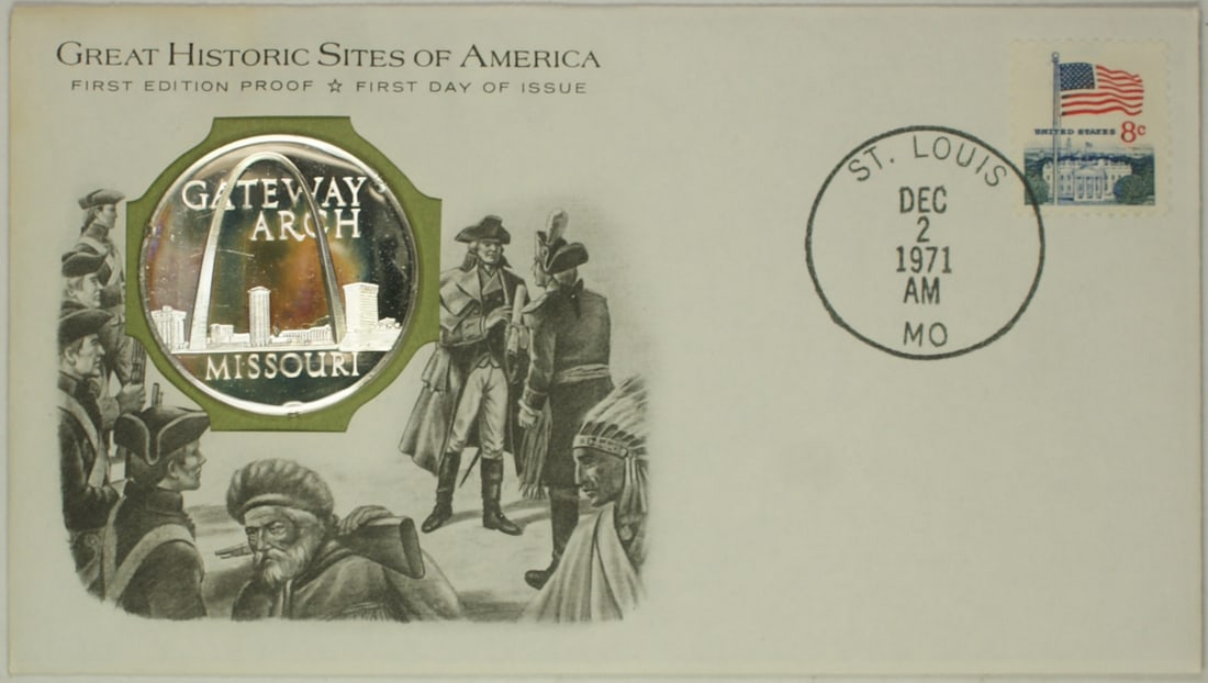 1971 St. Louis Historic Site Medal Proof Silver First Day Cover: 1971 St. Louis Historic Site Medal Proof Silver First Day Cover This 1971 St. Louis Missouri Historic Site Medal is a stunning proof silver coin presented in a first day cover. It showcases the rich h