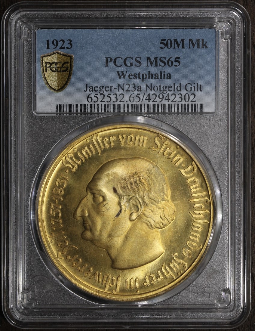 1923 Weimar Republic 50 Million Mark Notgeld MS65 NGC Uncirculated: 1923 Weimar Republic 50 Million Mark Notgeld MS65 NGC Uncirculated This uncirculated 50 Million Mark Notgeld from the Weimar Republic is a fascinating piece of history from 1923, during a time of sign