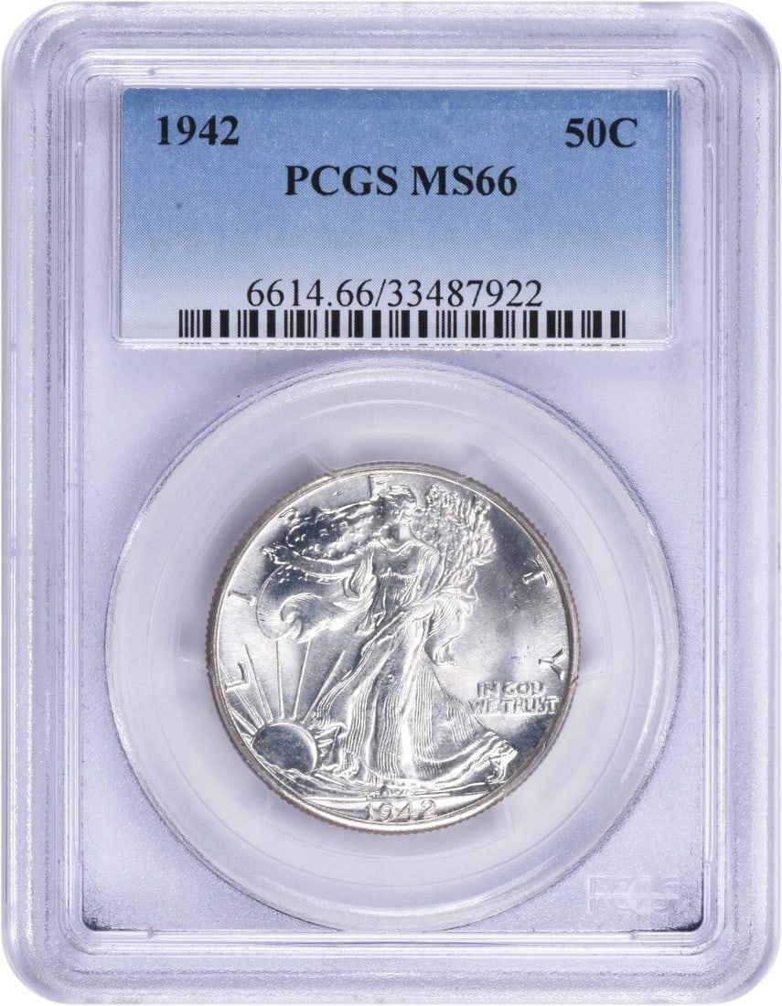 1942 Walking Liberty Silver Half Dollar MS66 PCGS Certified: 1942 Walking Liberty Silver Half Dollar MS66 PCGS Certified This 1942 Walking Liberty Silver Half Dollar is a stunning piece of numismatic history, graded MS66 by PCGS, ensuring its exceptional condit