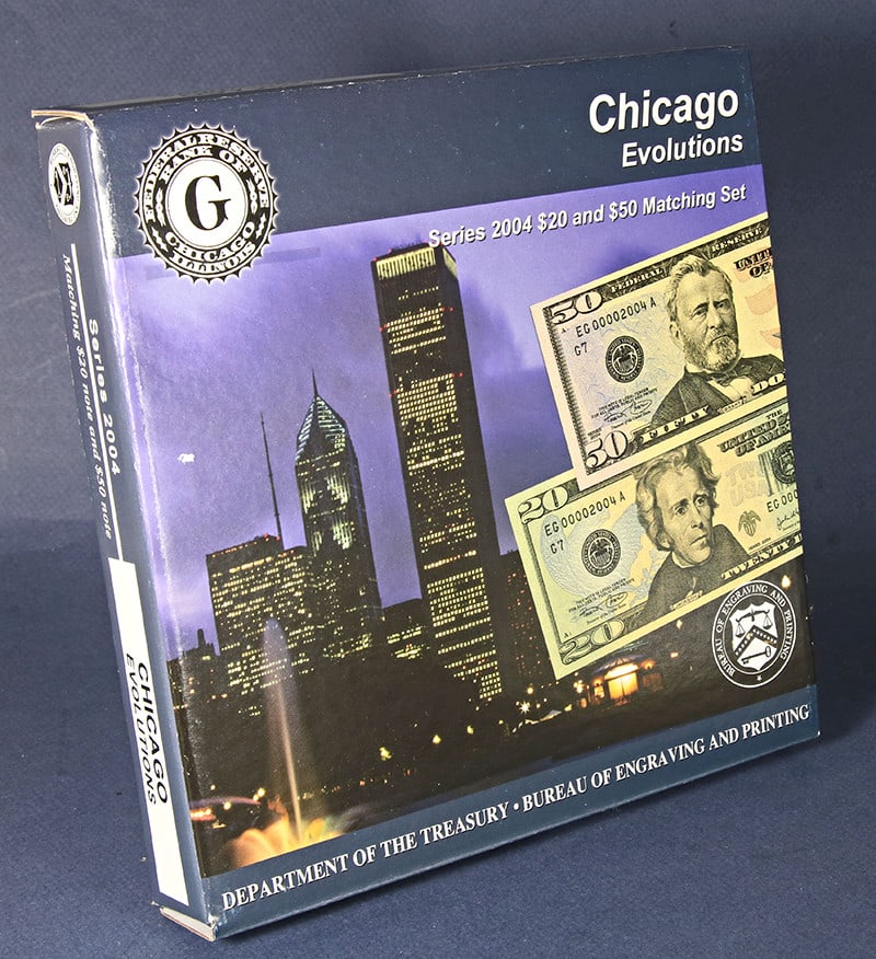 2004 Chicago $20 & $50 Uncirculated Federal Reserve Notes Set: 2004 Chicago $20 & $50 Uncirculated Federal Reserve Notes Set This Series 2004 $20 and $50 Matching Evolutions Set features Federal Reserve Notes from the Chicago district, identified by serial number