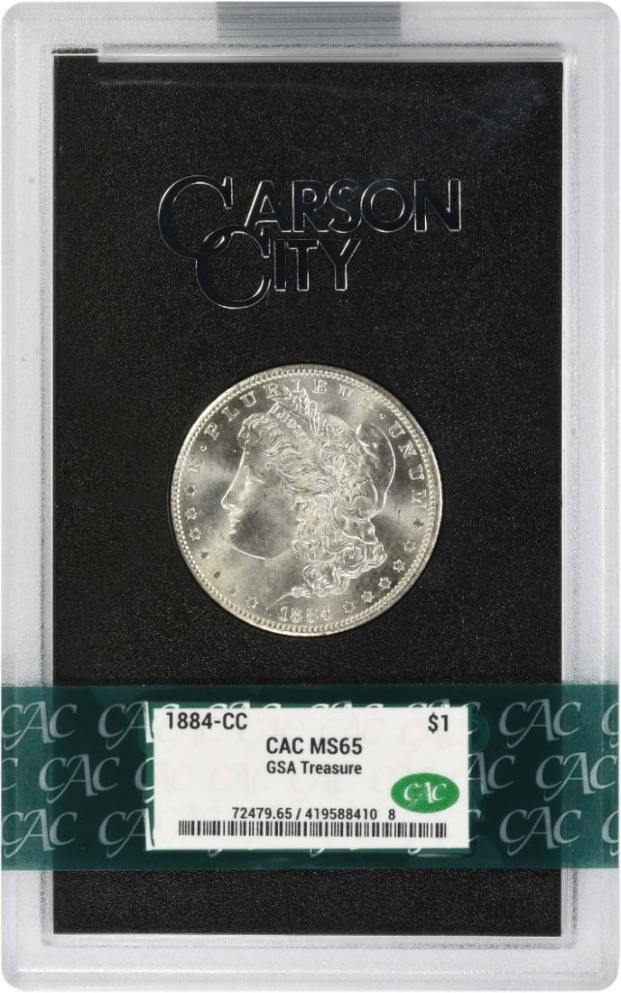 MS65 1884 Carson City Morgan Dollar in CACG Certified GSA Holder: MS65 1884 Carson City Morgan Dollar in CACG Certified GSA Holder This is an 1884-CC Morgan Silver Dollar certified MS65 by CACG and presented in a GSA holder. Minted in Carson City, it features a comp