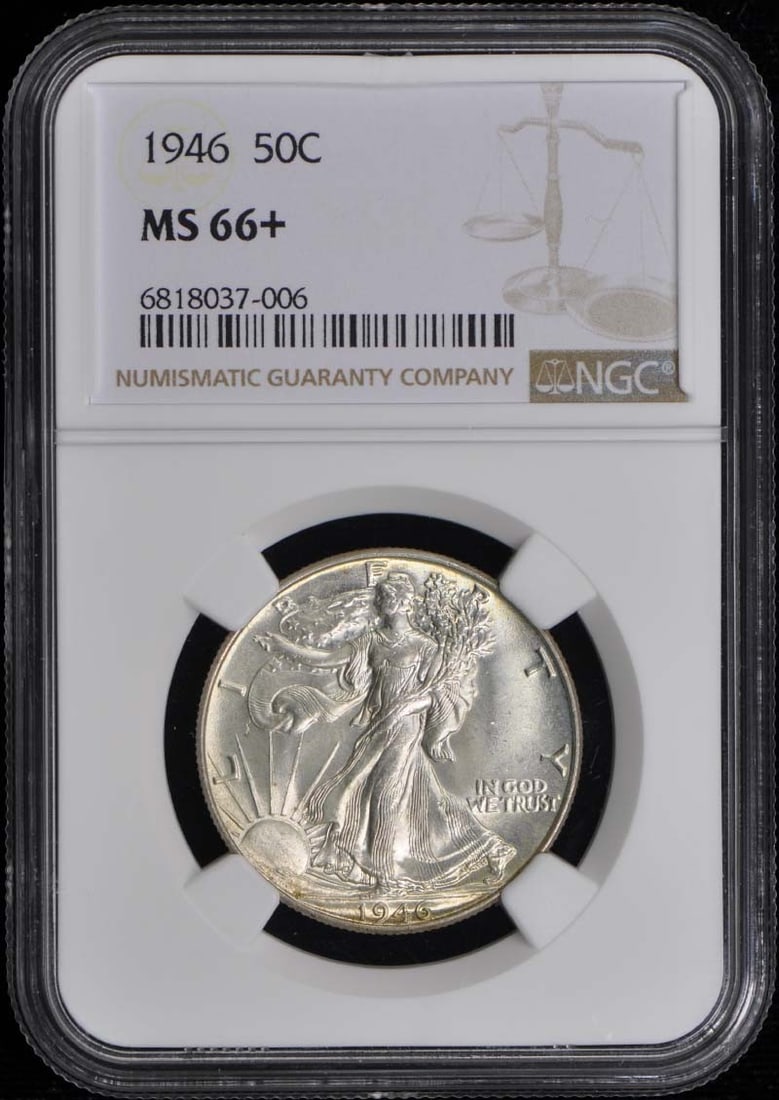 1946 Walking Liberty Half Dollar NGC MS66+ Uncirculated Coin: 1946 Walking Liberty Half Dollar NGC MS66+ Uncirculated Coin This 1946 Walking Liberty Half Dollar is graded MS66+ by NGC, indicating its exceptional condition as an uncirculated coin. Minted in Phila