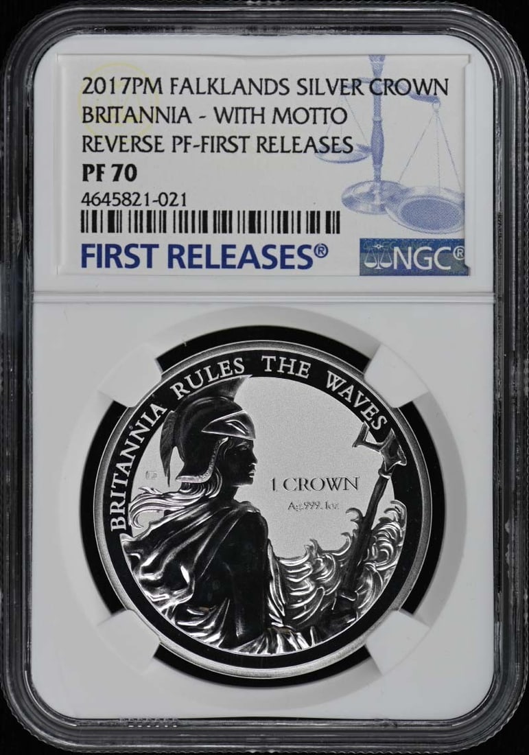 2017 Falklands Britannia First Releases NGC RP70: 2017 Falklands Britannia First Releases NGC RP70 This 2017 PM Falklands Britannia coin features the motto "First Releases" and has been graded by NGC as RP70, indicating it is in perfect condition. It