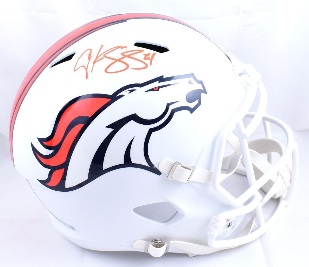 Champ Bailey Signed Denver Broncos White Speed Helmet Beckett Authenticated: Champ Bailey Signed Denver Broncos White Speed Helmet Beckett Authenticated This is a full-size flat white speed helmet autographed by Champ Bailey, a renowned player for the Denver Broncos. The helme