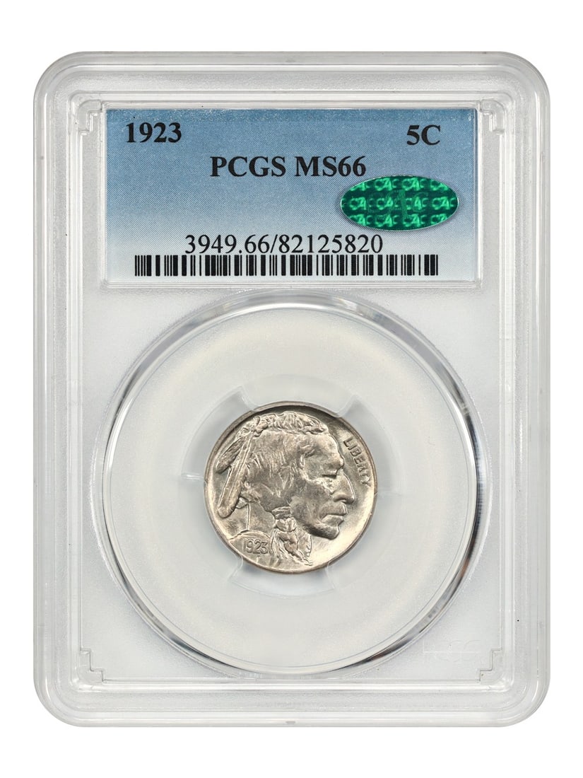 PCGS CAC MS66 1923 Buffalo Nickel 5 Cent Philadelphia Uncirculated: PCGS CAC MS66 1923 Buffalo Nickel 5 Cent Philadelphia Uncirculated This 1923 Buffalo Nickel has been certified by PCGS and approved by CAC with a grade of MS66. It features sharp details and strong lu